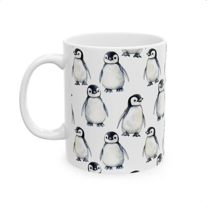 Cute Baby Penguin Chicks Watercolor Pattern 11oz white funny large coffee mug gift for flightless bird enthusiast friend animal lover secret santa birthday Christmas Antarctica waveywares wavey wares wavywares wavy wares