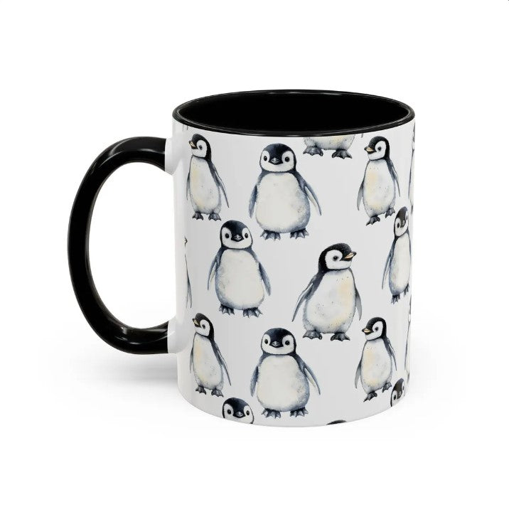 Cute Baby Penguin Chicks Watercolor Pattern 11oz white with black accent funny large coffee mug gift for flightless bird enthusiast friend animal lover secret santa birthday Christmas Antarctica waveywares wavey wares wavywares wavy wares