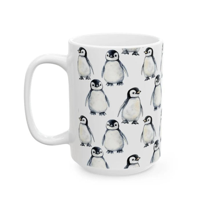 Cute Baby Penguin Chicks Watercolor Pattern 15oz white funny large coffee mug gift for flightless bird enthusiast friend animal lover secret santa birthday Christmas Antarctica waveywares wavey wares wavywares wavy wares