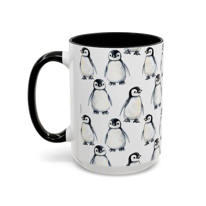 Cute Baby Penguin Chicks Watercolor Pattern 15oz white with black accent funny large coffee mug gift for flightless bird enthusiast friend animal lover secret santa birthday Christmas Antarctica waveywares wavey wares wavywares wavy wares