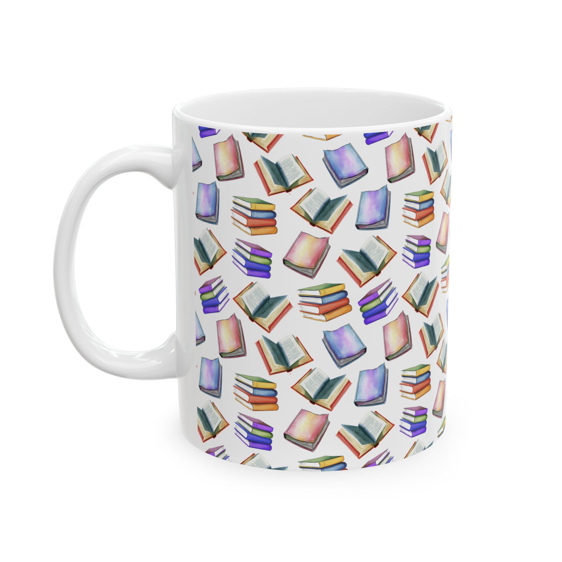 Cute Books Watercolor Pattern 11oz white funny large coffee mug gift for book lover enthusiast bookworm reader reading library aesthetic birthday secret santa Christmas waveywares wavey wares wavywares wavy wares