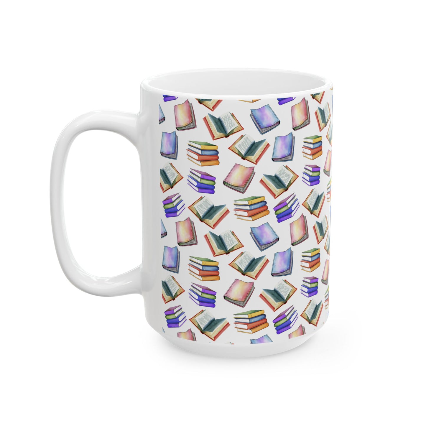 Cute Books Watercolor Pattern 15oz white funny large coffee mug gift for book lover enthusiast bookworm reader reading library aesthetic birthday secret santa Christmas waveywares wavey wares wavywares wavy wares