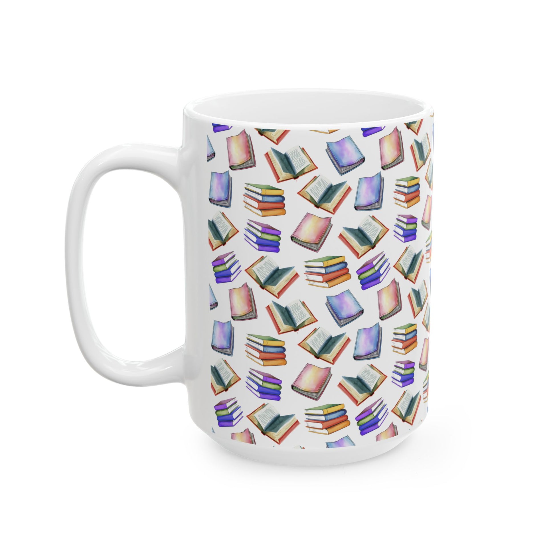 Cute Books Watercolor Pattern 15oz white funny large coffee mug gift for book lover enthusiast bookworm reader reading library aesthetic birthday secret santa Christmas waveywares wavey wares wavywares wavy wares