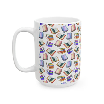 Cute Books Watercolor Pattern 15oz white funny large coffee mug gift for book lover enthusiast bookworm reader reading library aesthetic birthday secret santa Christmas waveywares wavey wares wavywares wavy wares