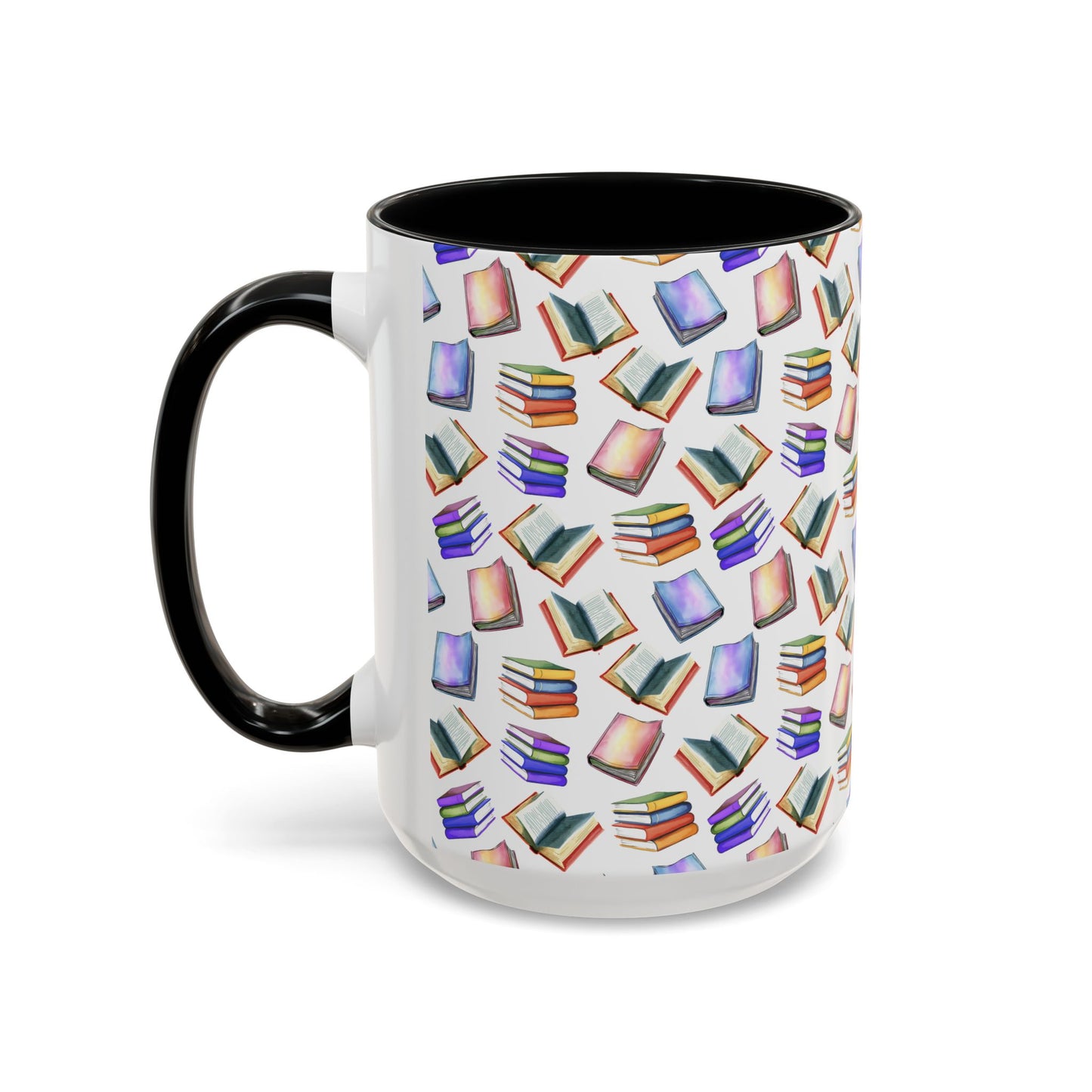 Cute Books Watercolor Pattern 15oz white with black accent funny large coffee mug gift for book lover enthusiast bookworm reader reading library aesthetic birthday secret santa Christmas waveywares wavey wares wavywares wavy wares