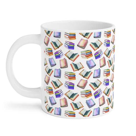 Cute Books Watercolor Pattern 20oz white funny large coffee mug gift for book lover enthusiast bookworm reader reading library aesthetic birthday secret santa Christmas waveywares wavey wares wavywares wavy wares