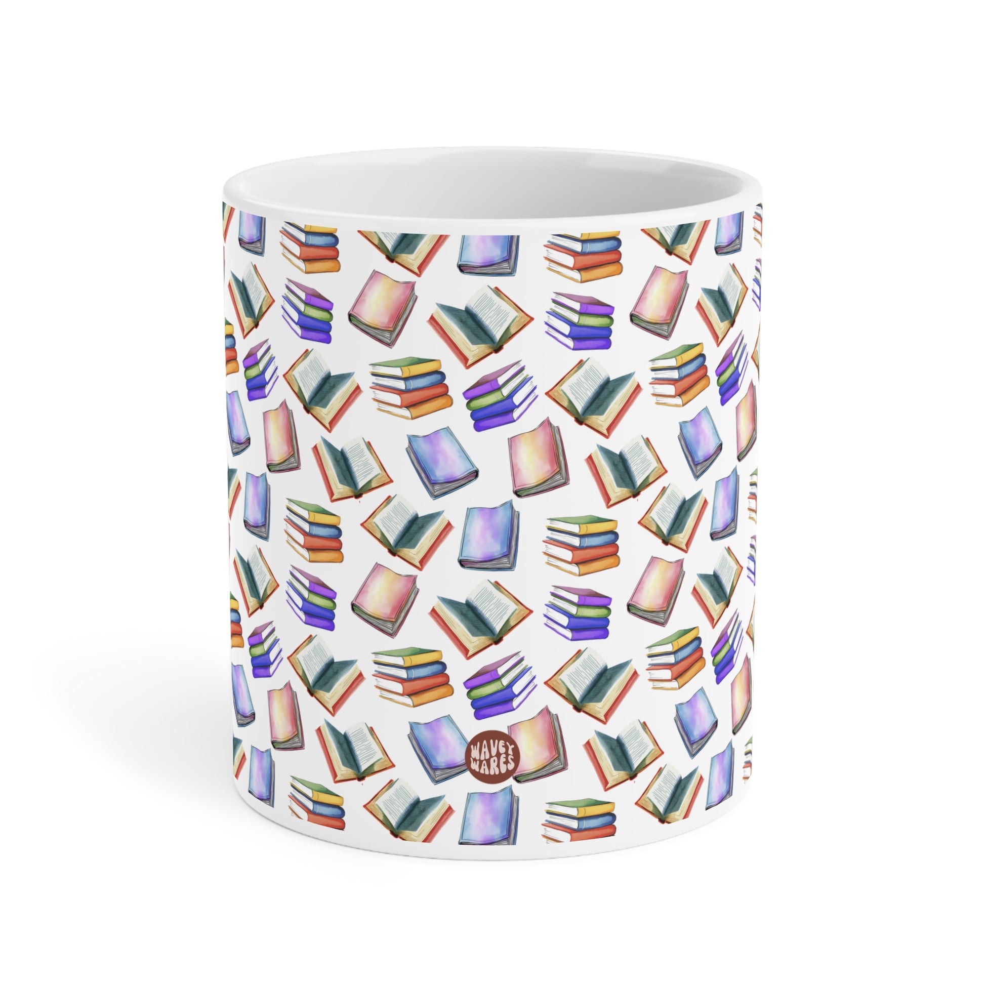 Cute Books Watercolor Pattern 20oz white funny large coffee mug gift for book lover enthusiast bookworm reader reading library aesthetic birthday secret santa Christmas waveywares wavey wares wavywares wavy wares side