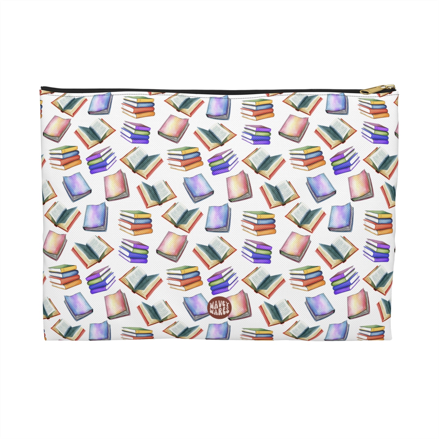 Cute Books Pattern Flat white cosmetic zip bag gift for book lover enthusiast bookworm reader reading library aesthetic birthday secret santa Christmas toiletry makeup drugs storage case accessory pouch travel pencil waveywares wavey wares wavywares wavy wares