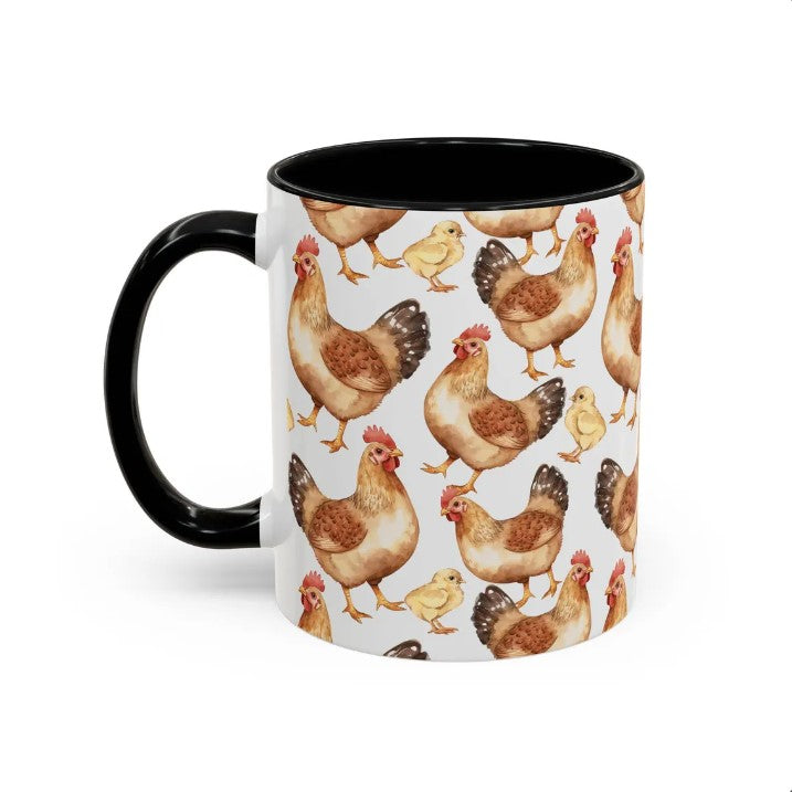 Cute Chickens Watercolor Pattern 11oz white with black accent funny large coffee mug gift for bird hens fowl animal lover secret santa birthday Christmas waveywares wavey wares wavywares wavy wares