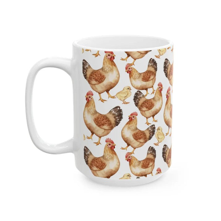 Cute Chickens Watercolor Pattern 15oz white funny large coffee mug gift for bird hens fowl animal lover secret santa birthday Christmas waveywares wavey wares wavywares wavy wares