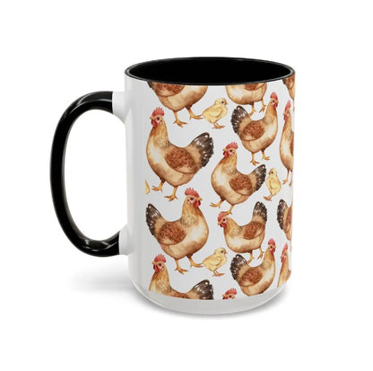 Cute Chickens Watercolor Pattern 15oz white with black accent funny large coffee mug gift for bird hens fowl animal lover secret santa birthday Christmas waveywares wavey wares wavywares wavy wares