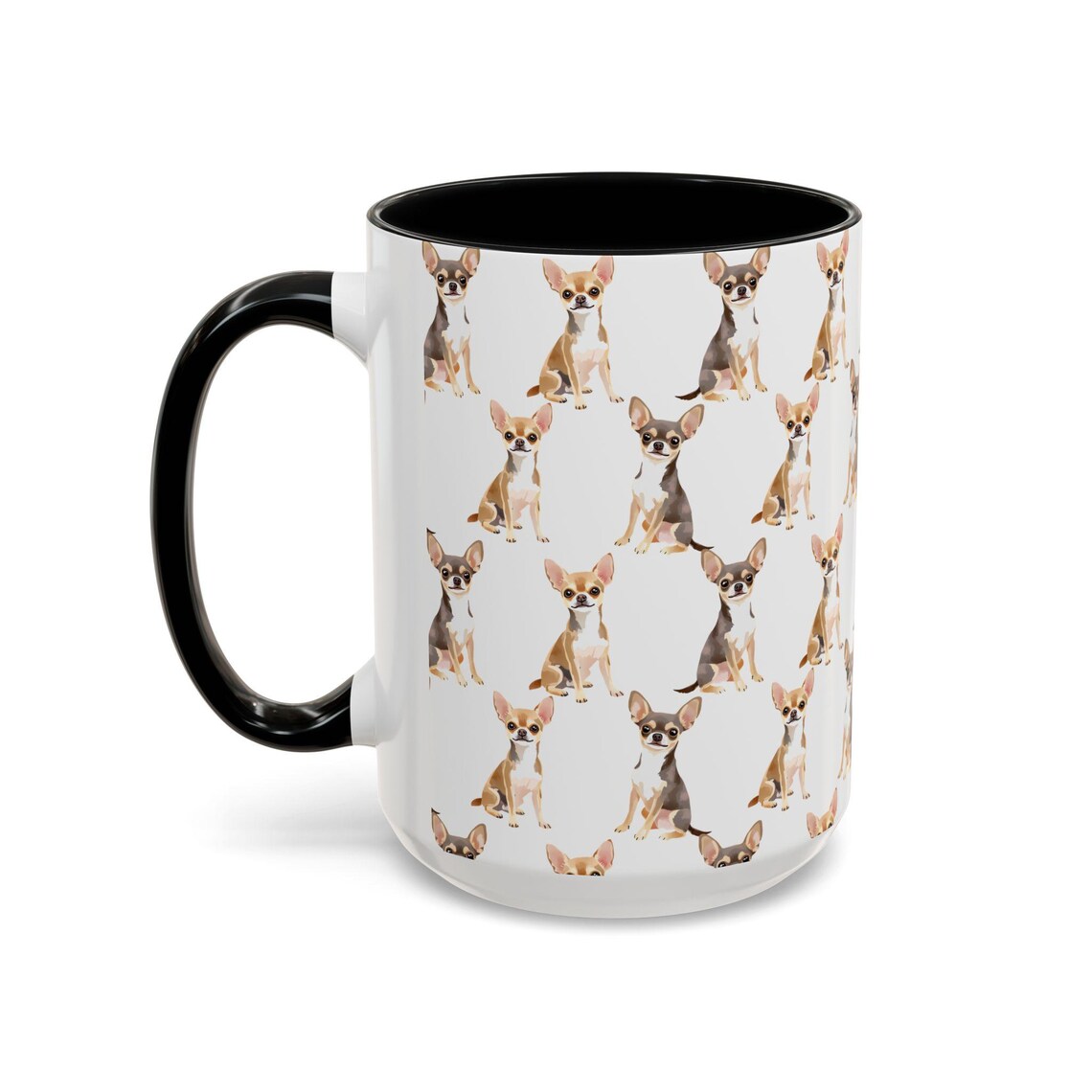 Cute Chihuahuas Watercolor Pattern 15oz white with black accent funny large coffee mug gift for small dog lover mom dad furparent owner animal tiny aesthetic birthday secret santa Christmas waveywares wavey wares wavywares wavy wares