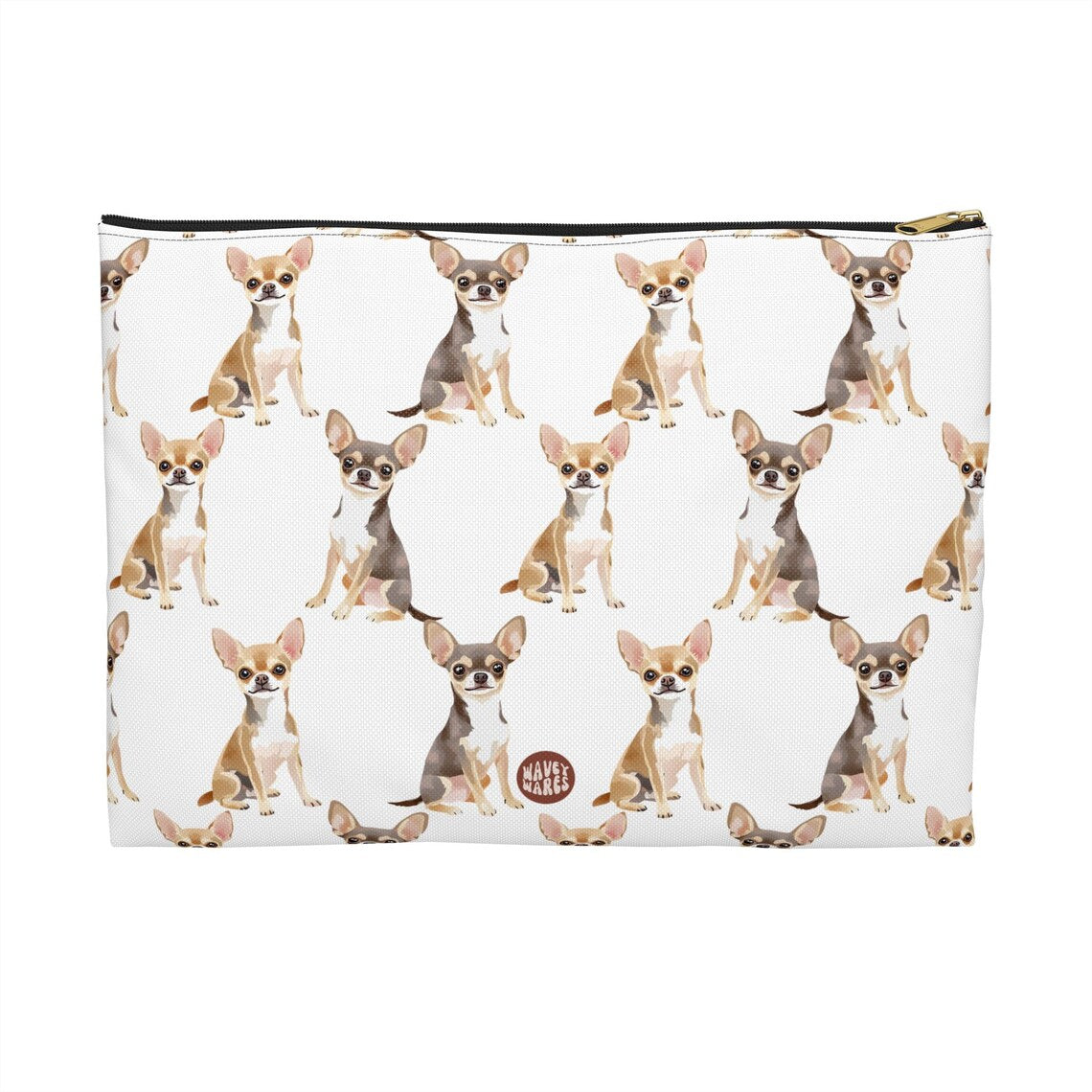 Cute Chihuahuas Pattern flat white Makeup zip bag gift for small dog lover mom dad furparent owner animal tiny aesthetic cosmetic travel drugs storage case accessory pouch toiletry pencil waveywares wavey wares wavywares wavy wares