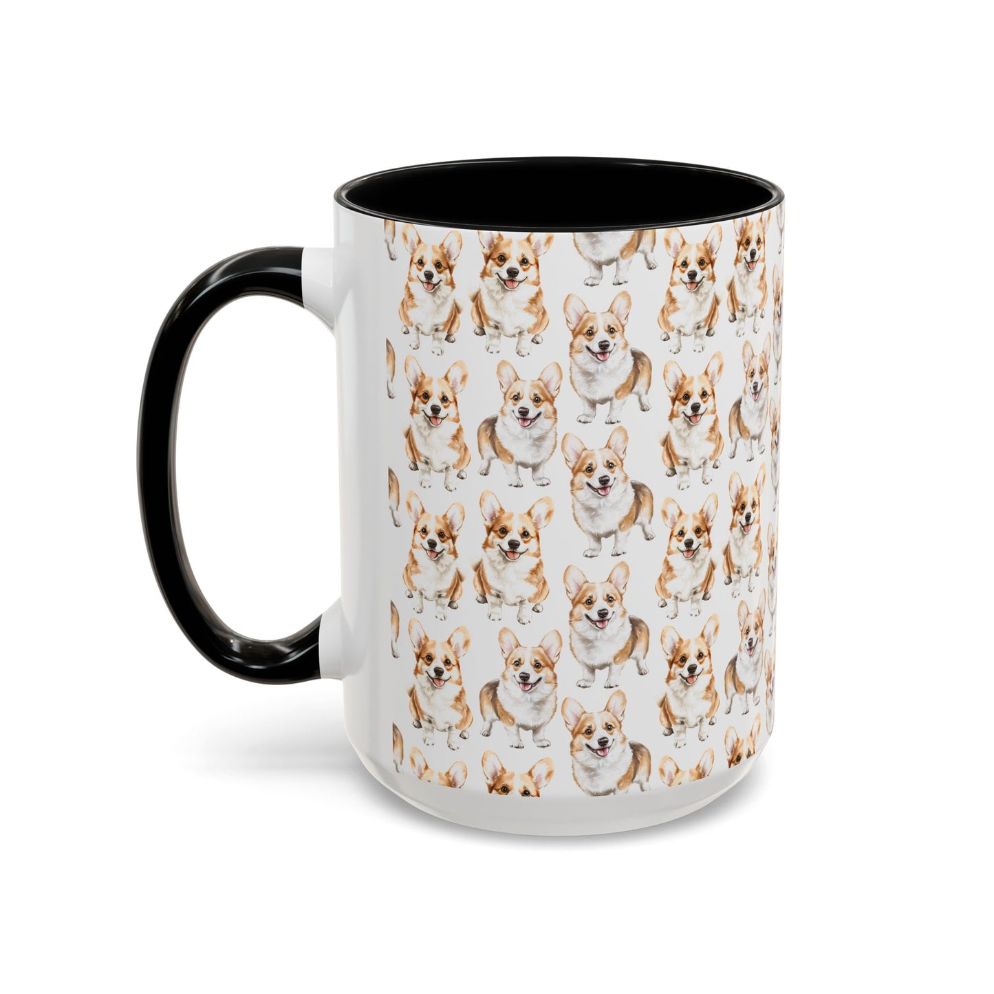 Cute Corgis Watercolor Pattern 15oz white with black accent funny large coffee mug gift for corgi mom dog dad furparent owner animal lover fluffy aesthetic birthday secret santa Christmas waveywares wavey wares wavywares wavy wares