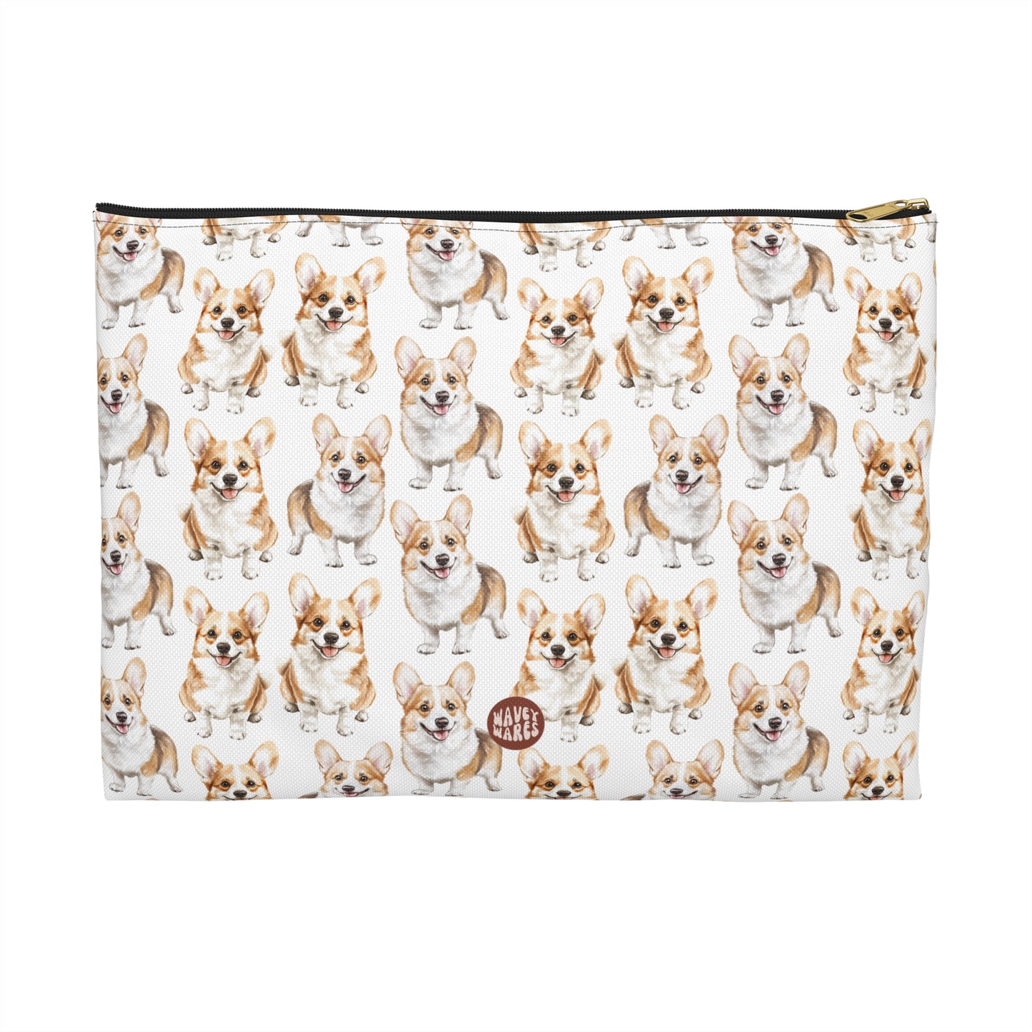 Cute Corgis Pattern flat white travel zip bag gift for corgi mom dog dad furparent owner animal lover fluffy aesthetic birthday secret santa Christmas toiletry cosmetic drugs storage case accessory pouch makeup pencil waveywares wavey wares wavywares wavy wares