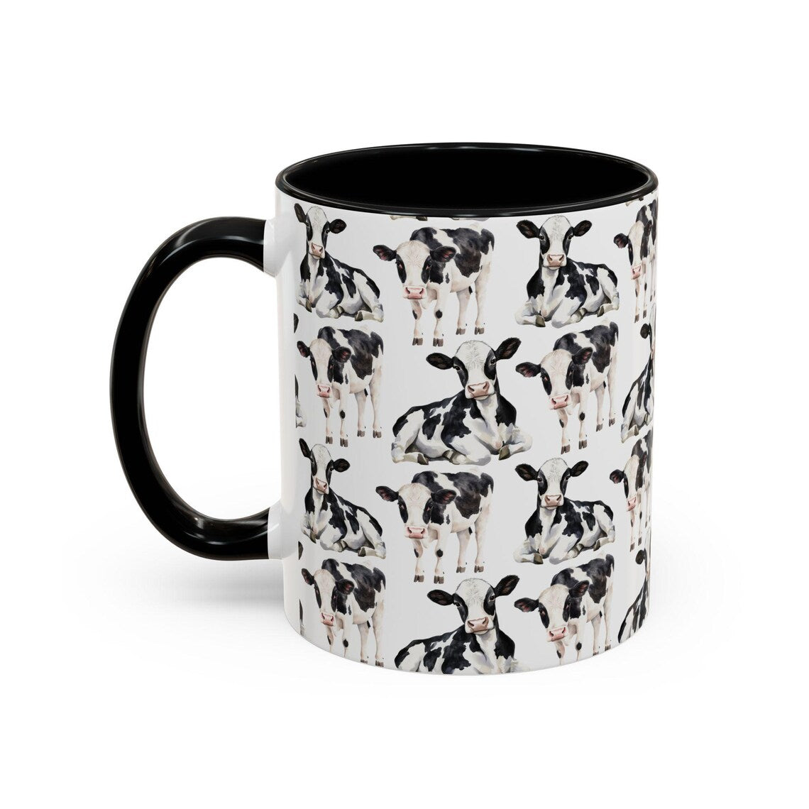 Cute Cows Watercolor Pattern 11oz white with black accent funny large coffee mug gift for moo cattle kine herd enthusiast friend animal lover milk farmer farm secret santa birthday Christmas Antarctica waveywares wavey wares wavywares wavy wares