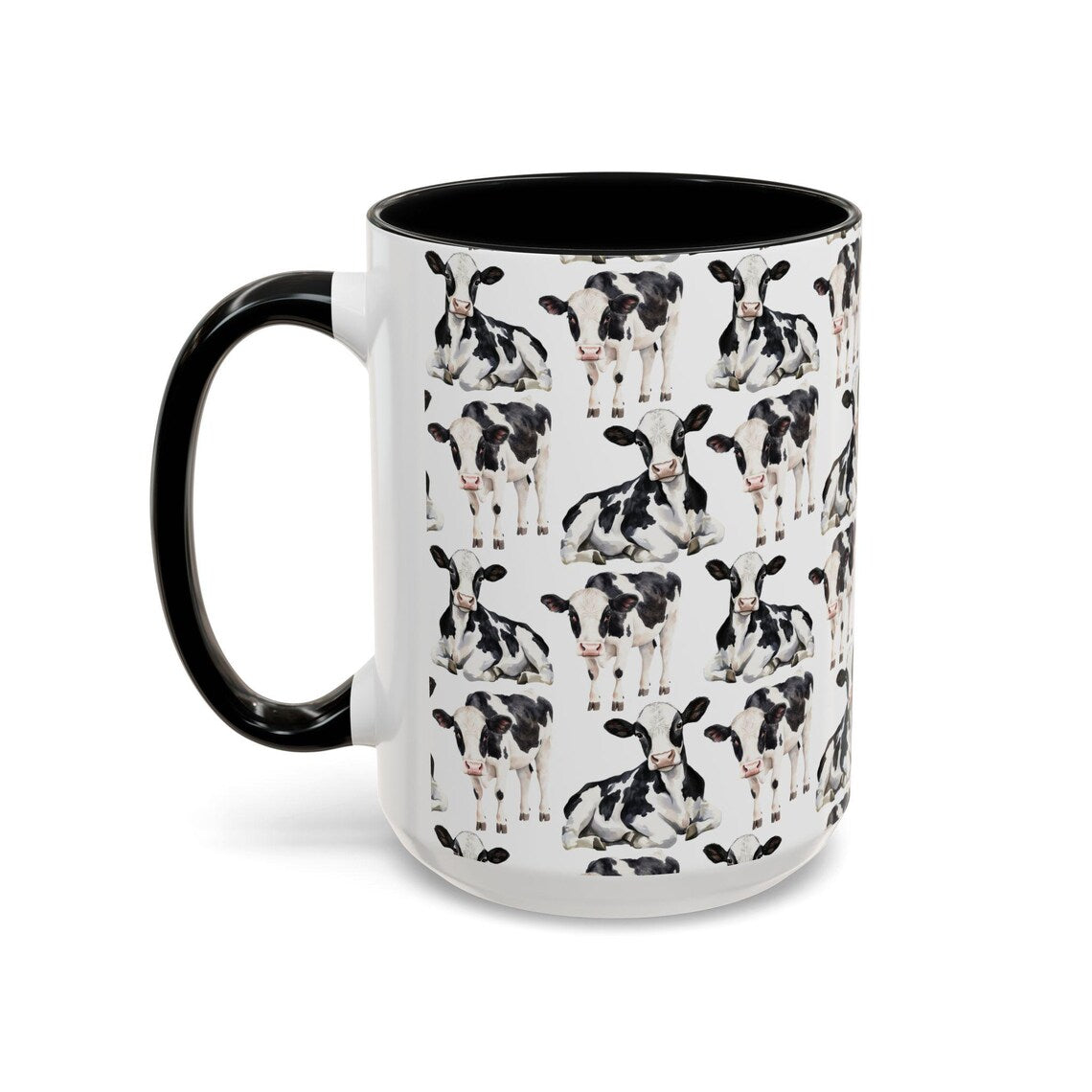 Cute Cows Watercolor Pattern 15oz white with black accent funny large coffee mug gift for moo cattle kine herd enthusiast friend animal lover milk farmer farm secret santa birthday Christmas Antarctica waveywares wavey wares wavywares wavy wares