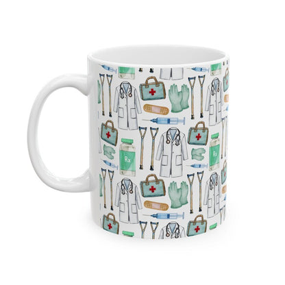 Cute Doctor Watercolor Pattern 11oz white funny large coffee mug gift for MD medical school student graduation thank you appreciation supplies design nurse wild him her aesthetic birthday secret santa Christmas waveywares wavey wares wavywares wavy wares