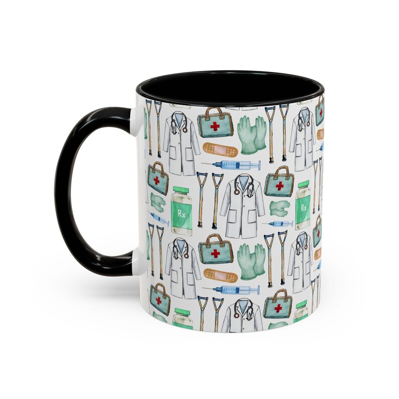 Cute Doctor Watercolor Pattern 11oz white with black accent funny large coffee mug gift for MD medical school student graduation thank you appreciation supplies design nurse wild him her aesthetic birthday secret santa Christmas waveywares wavey wares wavywares wavy wares