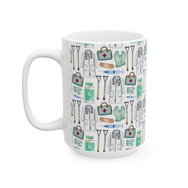 Cute Doctor Watercolor Pattern 15oz white funny large coffee mug gift for MD medical school student graduation thank you appreciation supplies design nurse wild him her aesthetic birthday secret santa Christmas waveywares wavey wares wavywares wavy wares