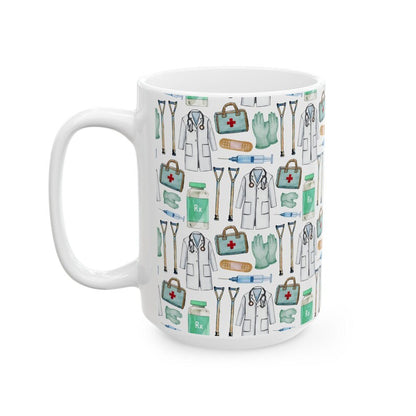 Cute Doctor Watercolor Pattern 15oz white funny large coffee mug gift for MD medical school student graduation thank you appreciation supplies design nurse wild him her aesthetic birthday secret santa Christmas waveywares wavey wares wavywares wavy wares