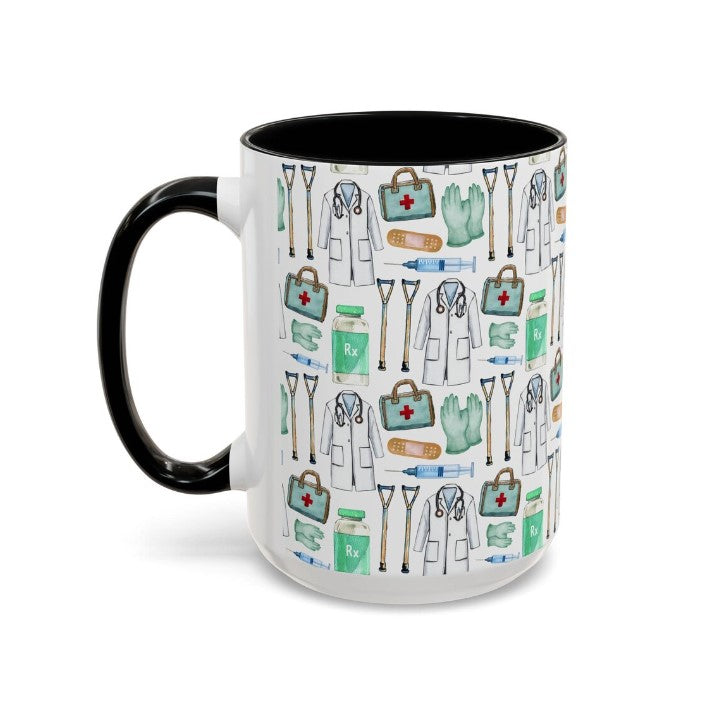 Cute Doctor Watercolor Pattern 15oz white with black accent funny large coffee mug gift for MD medical school student graduation thank you appreciation supplies design nurse wild him her aesthetic birthday secret santa Christmas waveywares wavey wares wavywares wavy wares