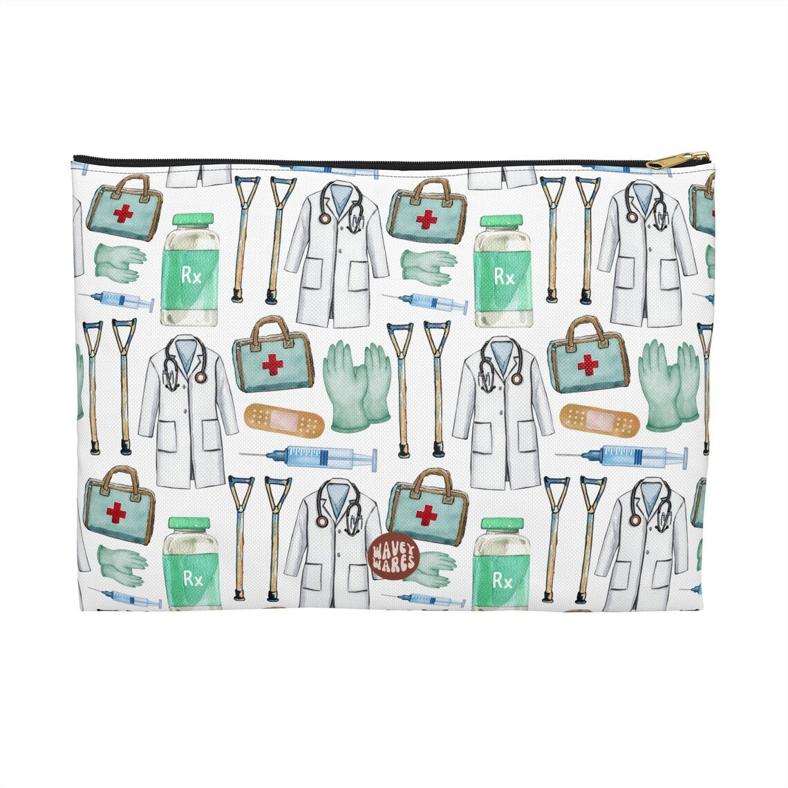 Cute Doctor Pattern flat white travel zip bag gift for MD medical school student graduation thank you appreciation supplies designnurse wild him her aesthetic cosmetic toiletry drugs storage case accessory pouch makeup pencil waveywares wavey wares wavywares wavy wares