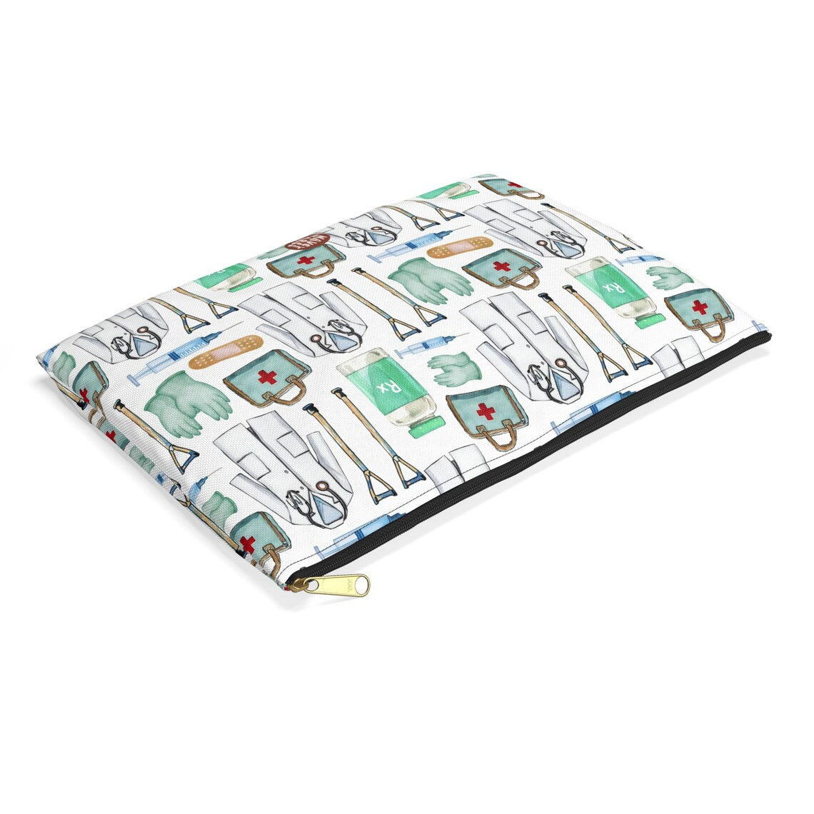 Cute Doctor Pattern flat lay white travel zip bag gift for MD medical school student graduation thank you appreciation supplies designnurse wild him her aesthetic cosmetic toiletry drugs storage case accessory pouch makeup pencil waveywares wavey wares wavywares wavy wares