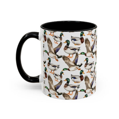 Cute Ducks Watercolor Pattern 11oz white with black accent funny large coffee mug gift for bird lover animal quack pond aesthetic owner her birthday secret santa Christmas waveywares wavey wares wavywares wavy wares