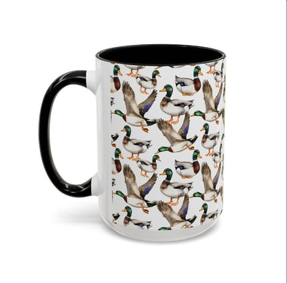 Cute Ducks Watercolor Pattern 15oz white with black accent funny large coffee mug gift for bird lover animal quack pond aesthetic owner her birthday secret santa Christmas waveywares wavey wares wavywares wavy wares