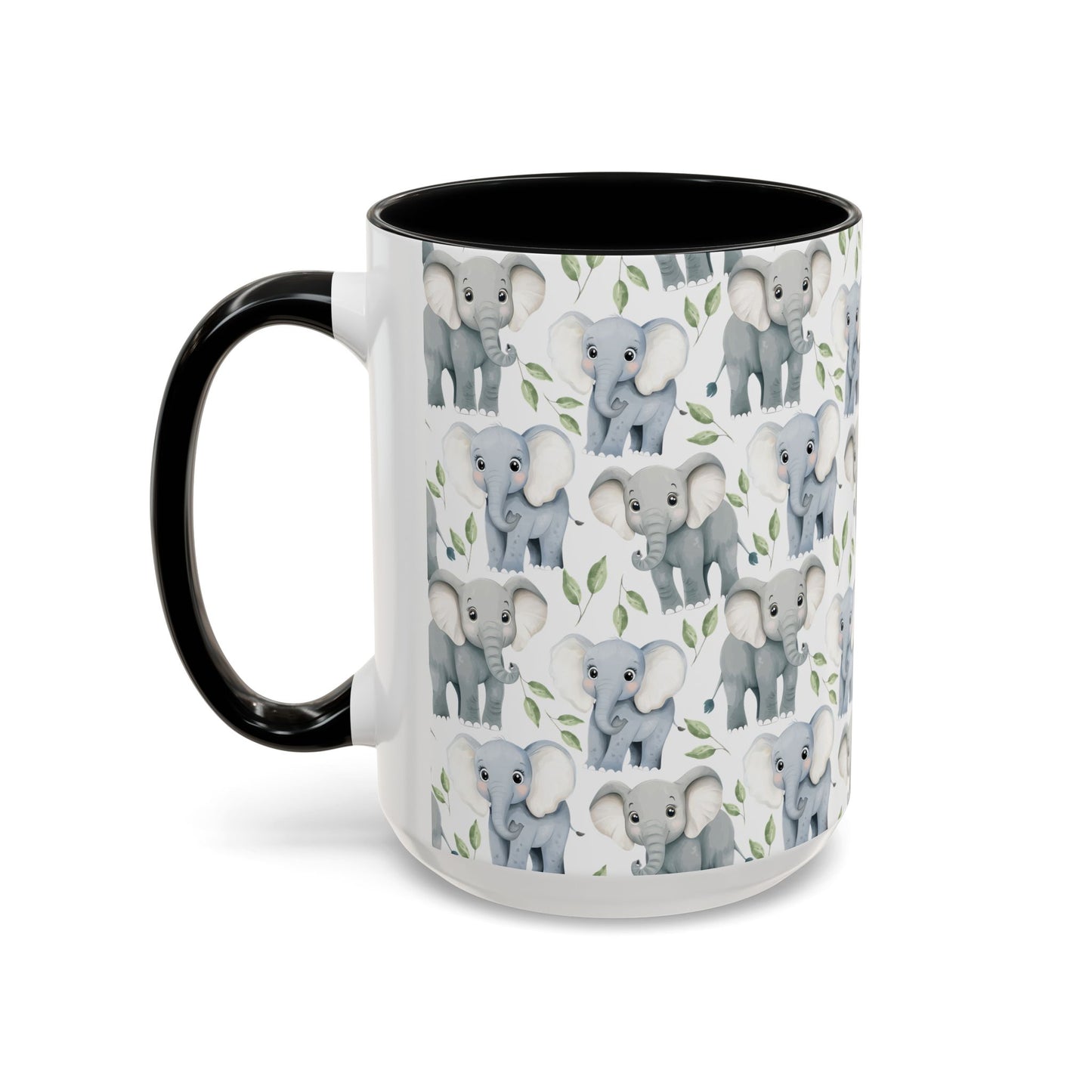 Cute Elephants Watercolor Pattern 15oz white with black accent funny large coffee mug gift for elephant largest land mammal animal lover aesthetic birthday secret santa Christmas waveywares wavey wares wavywares wavy wares