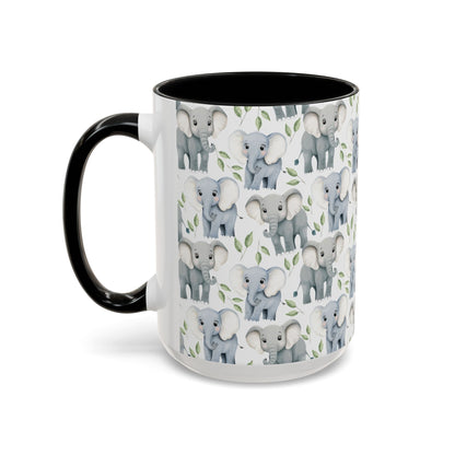 Cute Elephants Watercolor Pattern 15oz white with black accent funny large coffee mug gift for elephant largest land mammal animal lover aesthetic birthday secret santa Christmas waveywares wavey wares wavywares wavy wares