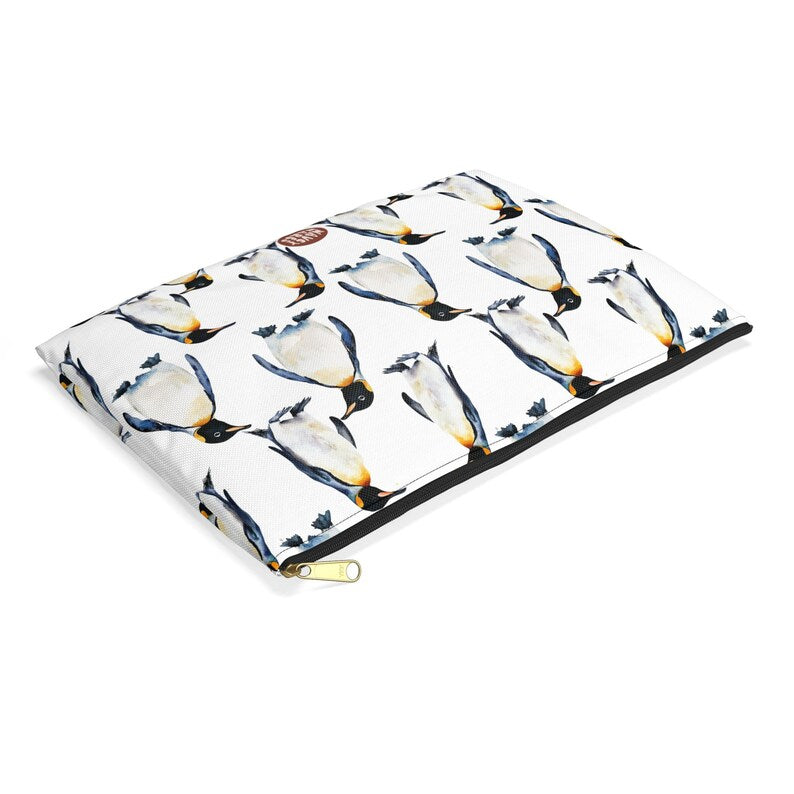 Cute Penguin Pattern Flat lay white travel zip bag gift for flightless birds animal lover secret santa birthday Christmas Antarctica waveywares wavey wares wavywares wavy wares