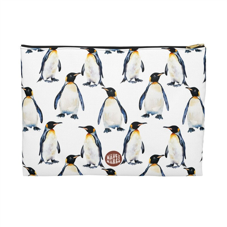 Cute Penguin Pattern Flat white travel zip bag gift for flightless birds animal lover secret santa birthday Christmas Antarctica waveywares wavey wares wavywares wavy wares