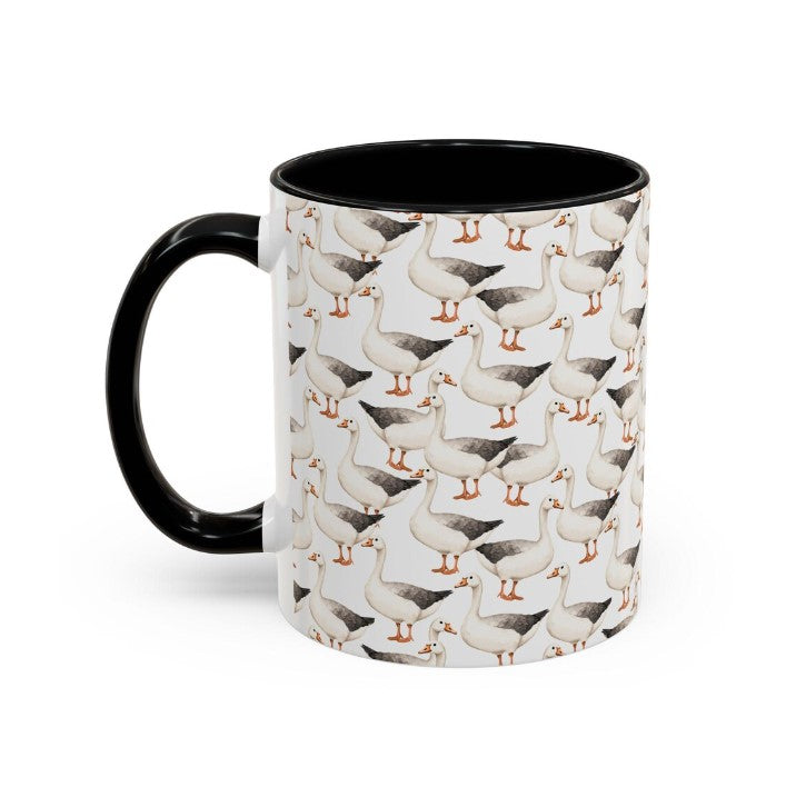 Cute Geese Watercolor Pattern 11oz white with black accent funny large coffee mug gift for goose lover silly meme friend ducks swans honk animal bird aesthetic birthday secret santa Christmas waveywares wavey wares wavywares wavy wares
