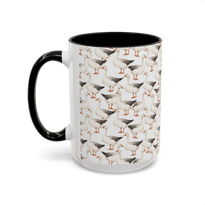Cute Geese Watercolor Pattern 15oz white with black accent funny large coffee mug gift for goose lover silly meme friend ducks swans honk animal bird aesthetic birthday secret santa Christmas waveywares wavey wares wavywares wavy wares