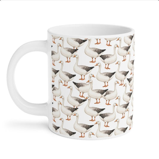 Cute Geese Watercolor Pattern 20oz white funny large coffee mug gift for goose lover silly meme friend ducks swans honk animal bird aesthetic birthday secret santa Christmas waveywares wavey wares wavywares wavy wares