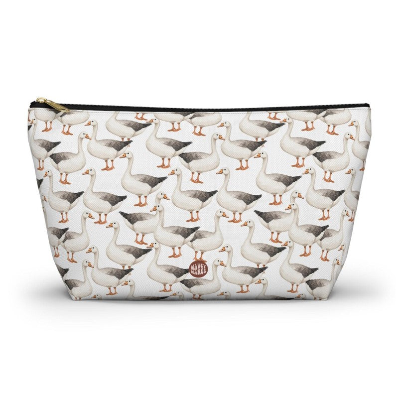 Cute Geese Pattern T Bottom white Toiletry zip bag gift for goose lover silly meme friend ducks swans honk animal bird aesthetic travel makeup drugs storage case accessory pouch cosmetic pencil waveywares wavey wares wavywares wavy wares