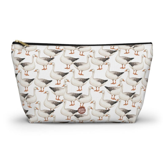 Cute Geese Pattern T Bottom white Toiletry zip bag gift for goose lover silly meme friend ducks swans honk animal bird aesthetic travel makeup drugs storage case accessory pouch cosmetic pencil waveywares wavey wares wavywares wavy wares