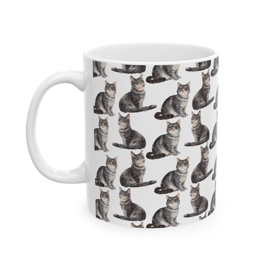 Cute Grey Cats Watercolor Pattern 11oz white funny large coffee mug gift for cat mom dad lady tabby kitten feline meow pet enthusiast him her friend animal lover birthday secret santa Christmas waveywares wavey wares wavywares wavy wares