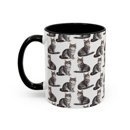 Cute Grey Cats Watercolor Pattern 11oz white with black accent funny large coffee mug gift for cat mom dad lady tabby kitten feline meow pet enthusiast him her friend animal lover birthday secret santa Christmas waveywares wavey wares wavywares wavy wares