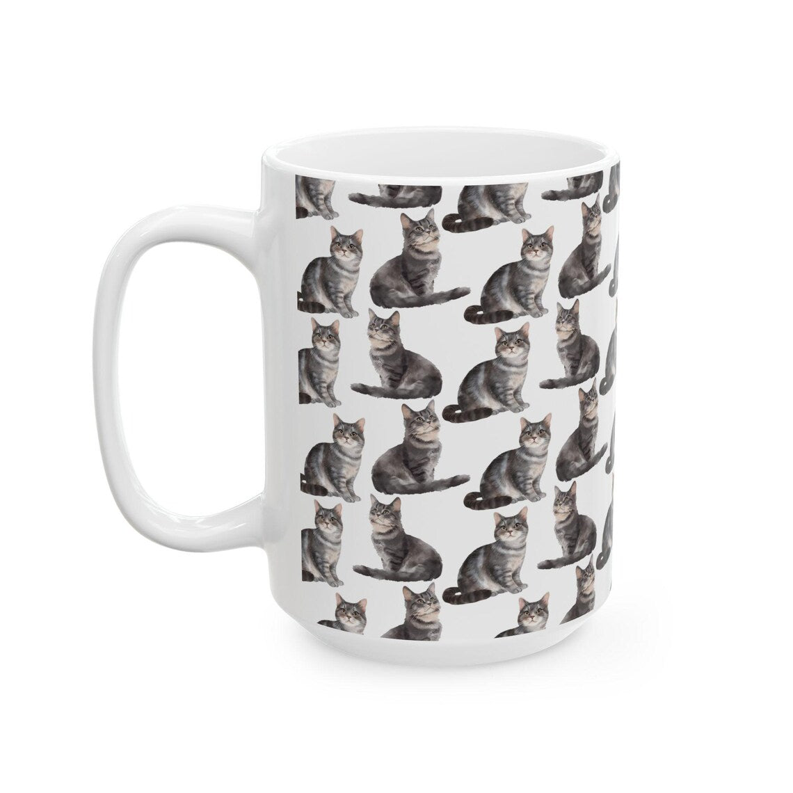 Cute Grey Cats Watercolor Pattern 15oz white funny large coffee mug gift for cat mom dad lady tabby kitten feline meow pet enthusiast him her friend animal lover birthday secret santa Christmas waveywares wavey wares wavywares wavy wares