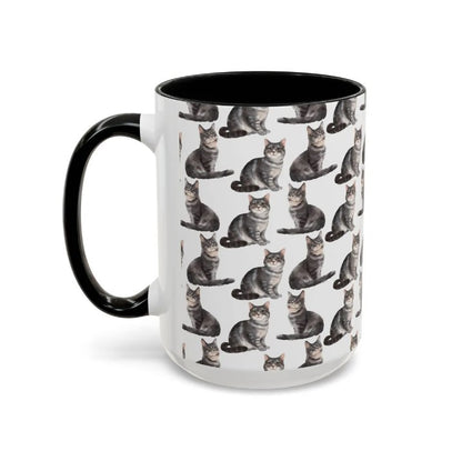 Cute Grey Cats Watercolor Pattern 15oz white with black accent funny large coffee mug gift for cat mom dad lady tabby kitten feline meow pet enthusiast him her friend animal lover birthday secret santa Christmas waveywares wavey wares wavywares wavy wares