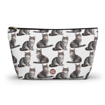 Cute Grey Cats Pattern T Bottom white Toiletry zip bag gift for cat lady mom dad tabby kitten shorthair feline enthusiast animal lover meow purr pet secret santa birthday Christmas makeup travel drugs storage case accessory pouch cosmetic pencil waveywares wavey wares wavywares wavy wares