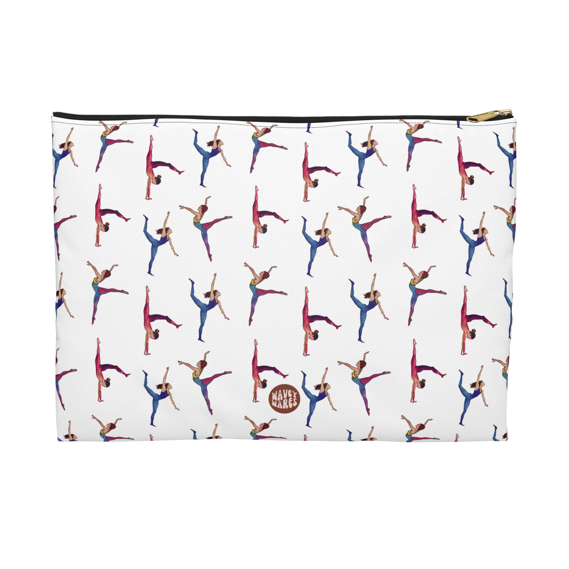 Cute Gymnastics Pattern flat white makeup zip bag gift for gymnasts enthusiast sports lover athlete physical exercise flexibility artistry rhythmic aesthetic birthday secret santa Christmas toiletry cosmetic drugs storage case accessory pouch travel pencil waveywares wavey wares wavywares wavy wares