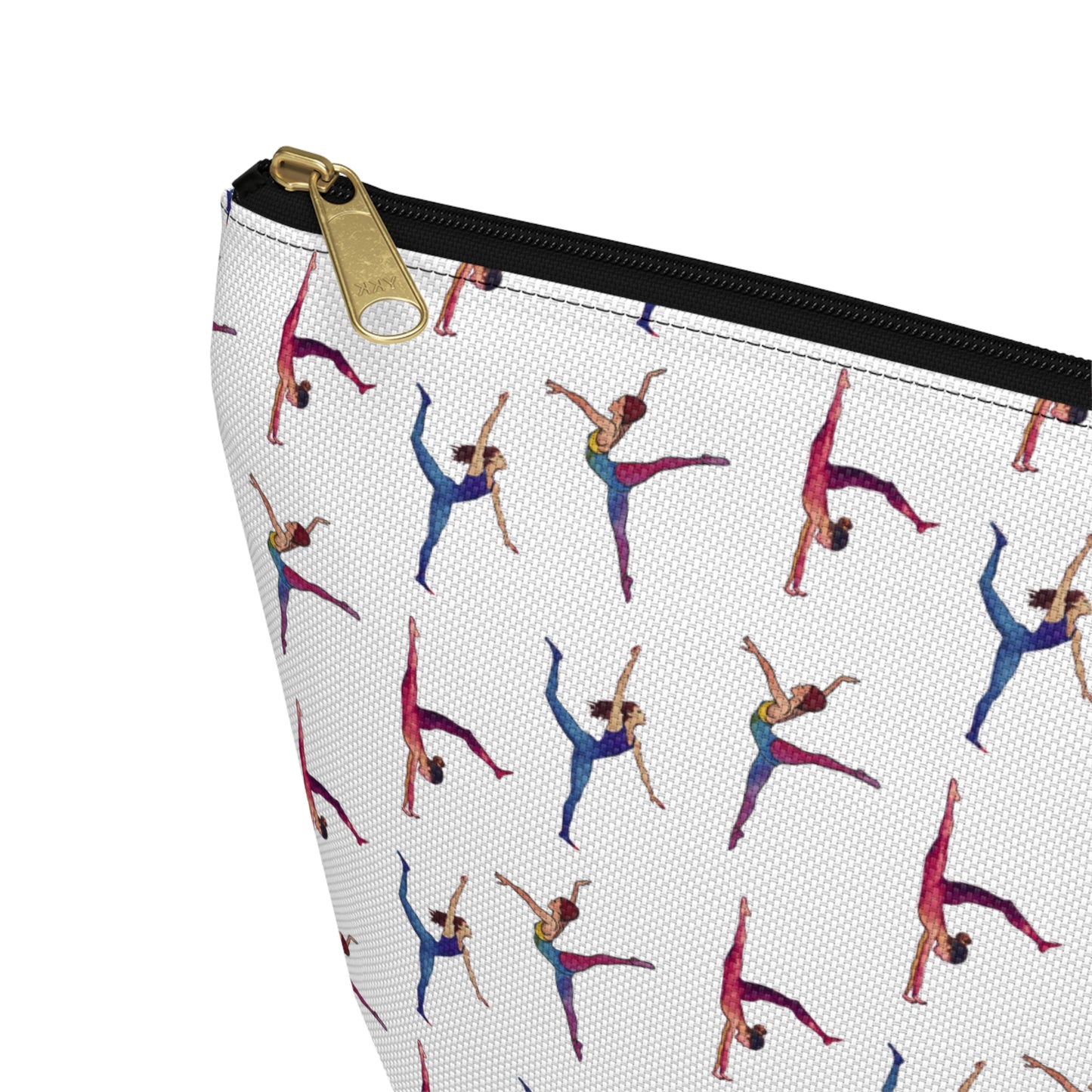 Cute Gymnastics Pattern zipper white makeup zip bag gift for gymnasts enthusiast sports lover athlete physical exercise flexibility artistry rhythmic aesthetic birthday secret santa Christmas toiletry cosmetic drugs storage case accessory pouch travel pencil waveywares wavey wares wavywares wavy wares