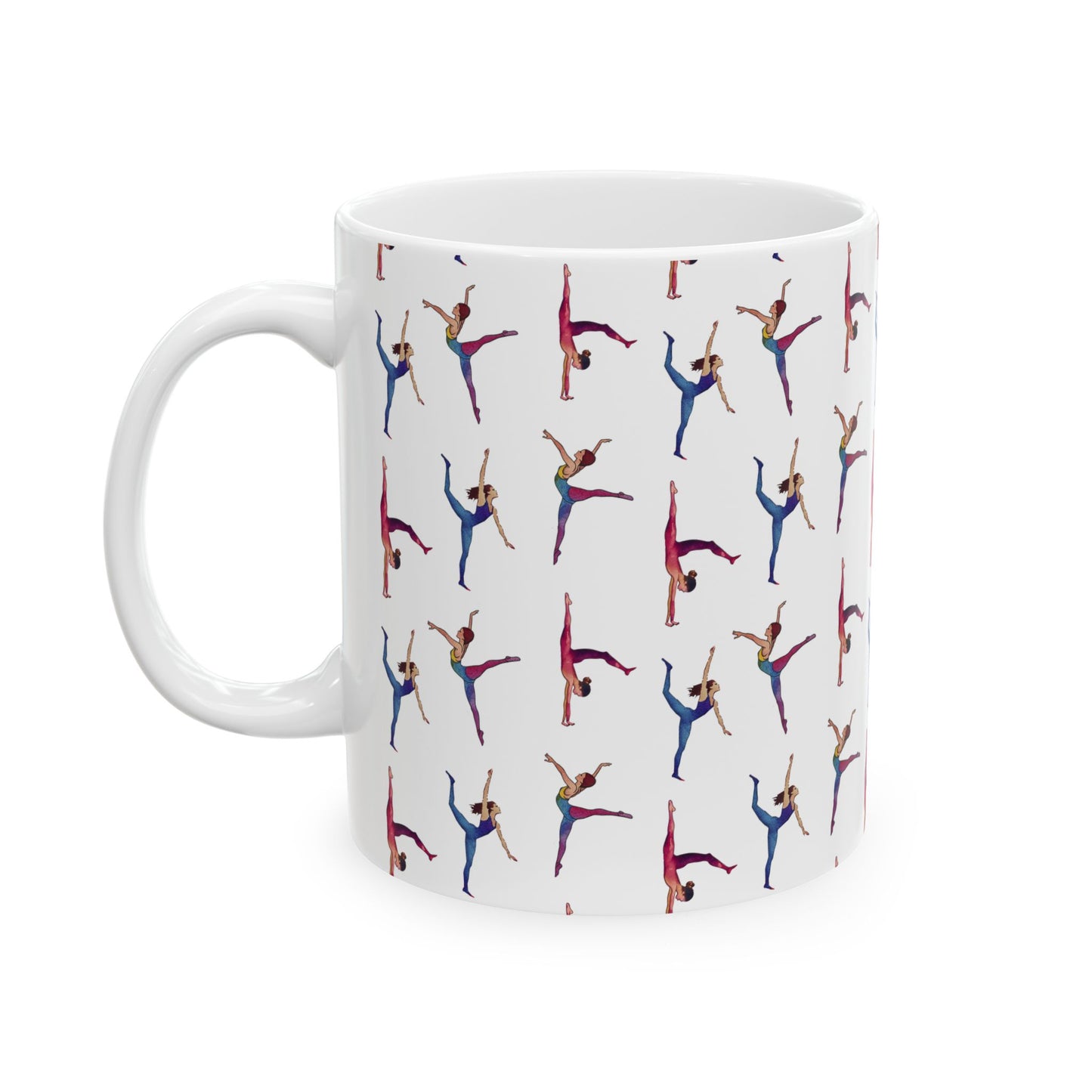 Cute Gymnastics Watercolor Pattern 11oz white funny large coffee mug gift for gymnasts enthusiast sports lover athlete physical exercise flexibility artistry rhythmic aesthetic birthday secret santa Christmas waveywares wavey wares wavywares wavy wares