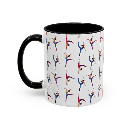 Cute Gymnastics Watercolor Pattern 11oz white with black accent funny large coffee mug gift for gymnasts enthusiast sports lover athlete physical exercise flexibility artistry rhythmic aesthetic birthday secret santa Christmas waveywares wavey wares wavywares wavy wares