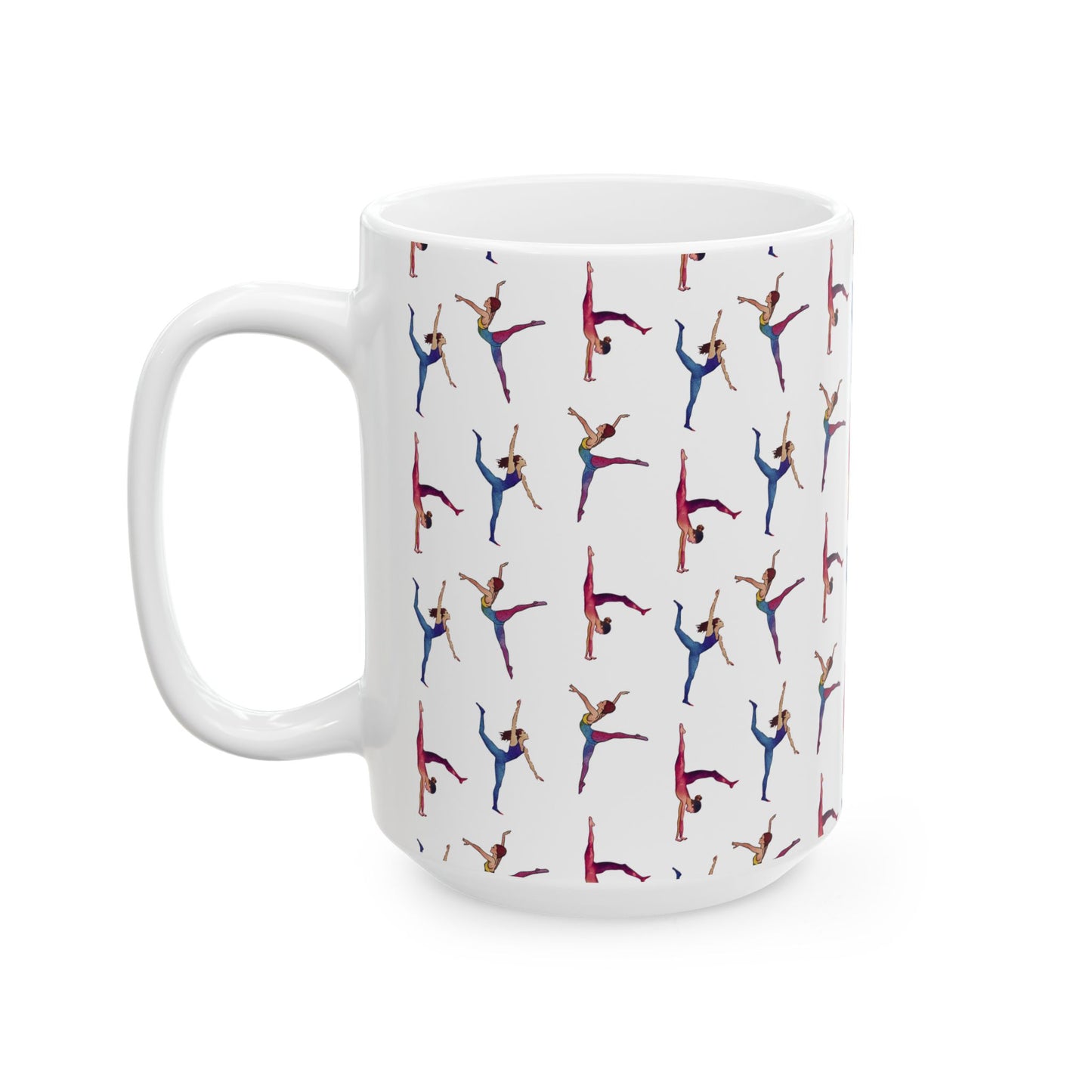 Cute Gymnastics Watercolor Pattern 15oz white funny large coffee mug gift for gymnasts enthusiast sports lover athlete physical exercise flexibility artistry rhythmic aesthetic birthday secret santa Christmas waveywares wavey wares wavywares wavy wares