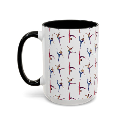 Cute Gymnastics Watercolor Pattern 15oz white with black accent funny large coffee mug gift for gymnasts enthusiast sports lover athlete physical exercise flexibility artistry rhythmic aesthetic birthday secret santa Christmas waveywares wavey wares wavywares wavy wares